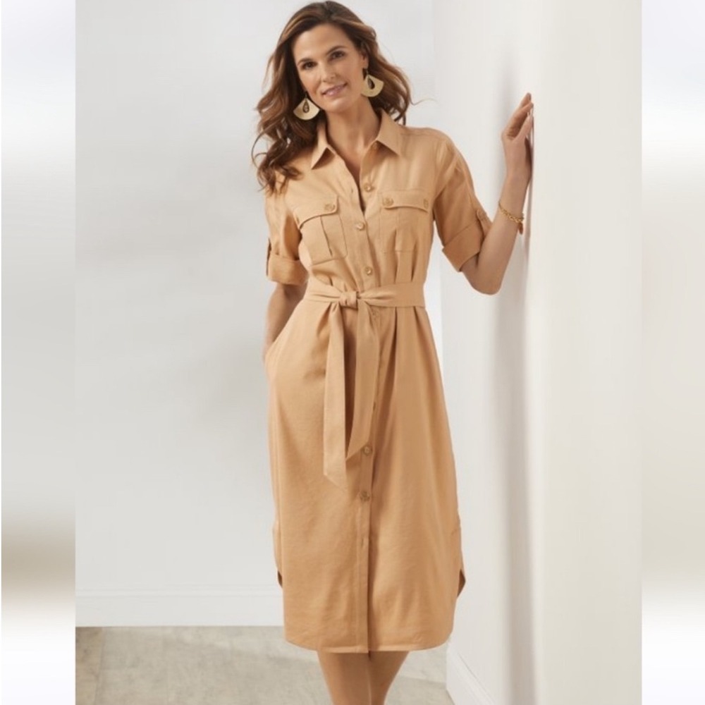Soft Surroundings Fontana Tan Linen Blend Safari Shirt Dress Midi Belted